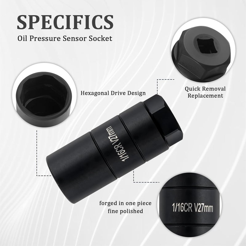 Figpade 27mm Oil Pressure Sensor Socket, 3/8" Drive, 1 1/8" Hex Wrench, Black, 3.15" H x 1.33" W x 1.33" D, Chrome Molybdenum Steel - Image 2